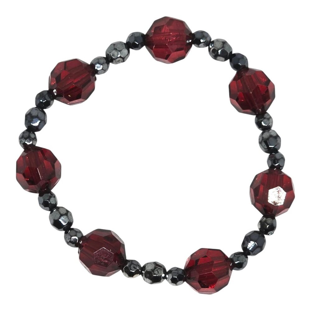 Red Crystal Bead Stretch Bracelet Hematite Faceted Beads Elastic